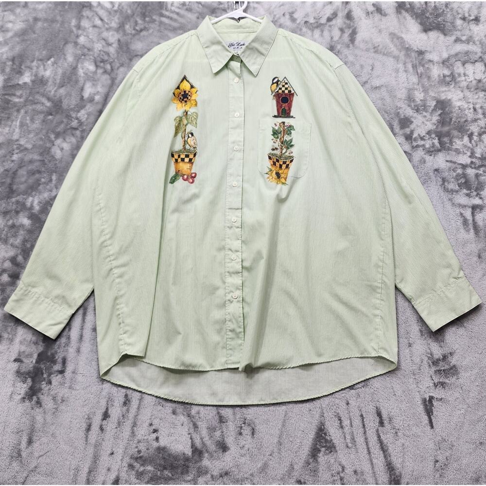 Vintage Get Lucky USA Top Womens 1X Green Striped Long Sleeve Bird House Flowers